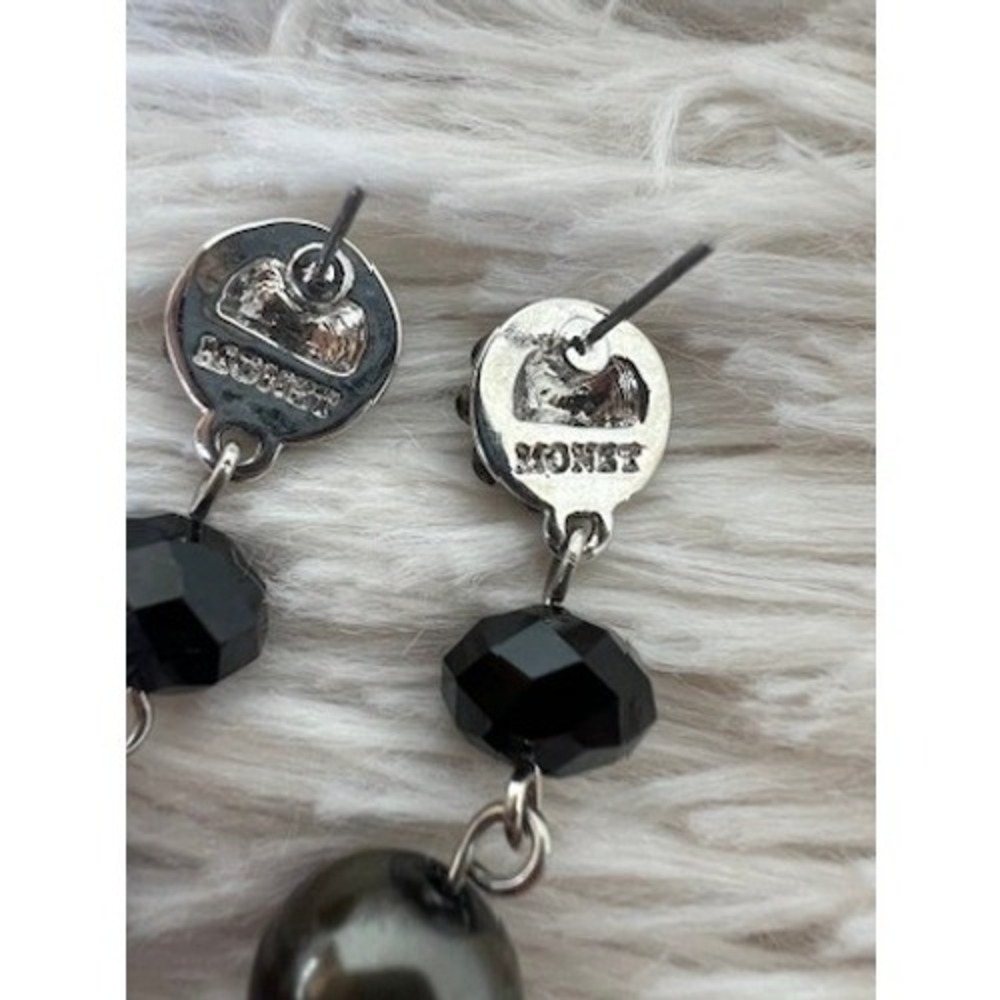 Monet Drop Earrings Black Silver Rhinestone Dangle Crystal Pearl Art Deco Glam - Picture 2 of 13
